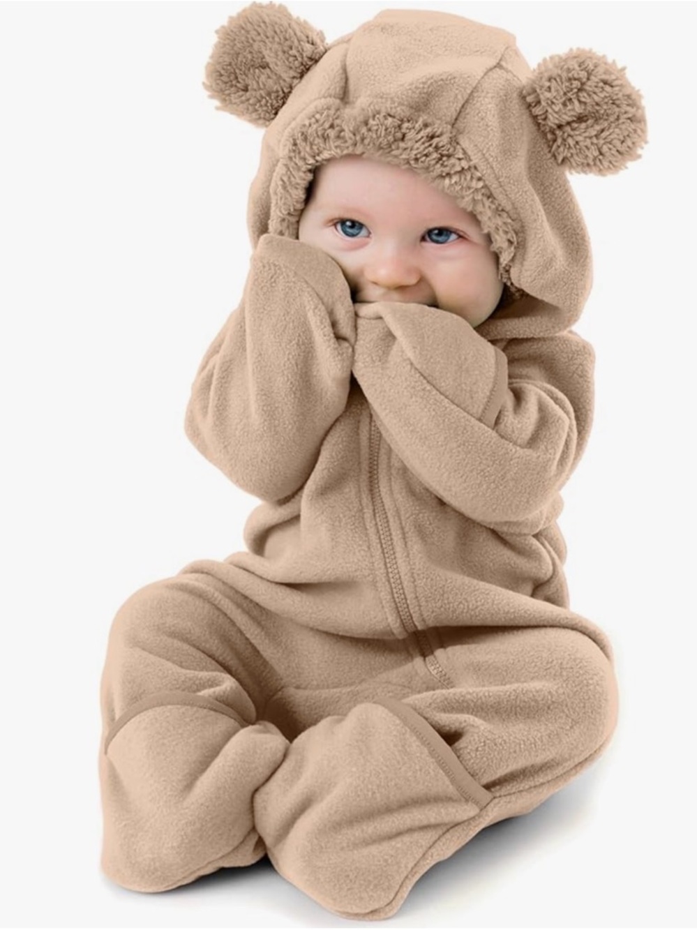 Cozy Bear Hooded Fleece One-Piece in Beige